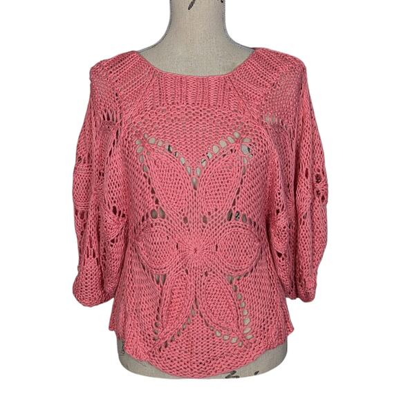 Vintage Chaudry KC Floral Open Knit Boho Crochet Sweater Pink - Picture 1 of 11